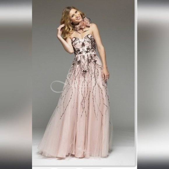 Jadore Dresses & Skirts - JADORE | J4011 - TULLE W/ BEADED APPLIQUÉ evening prom dress pink brown sz 6